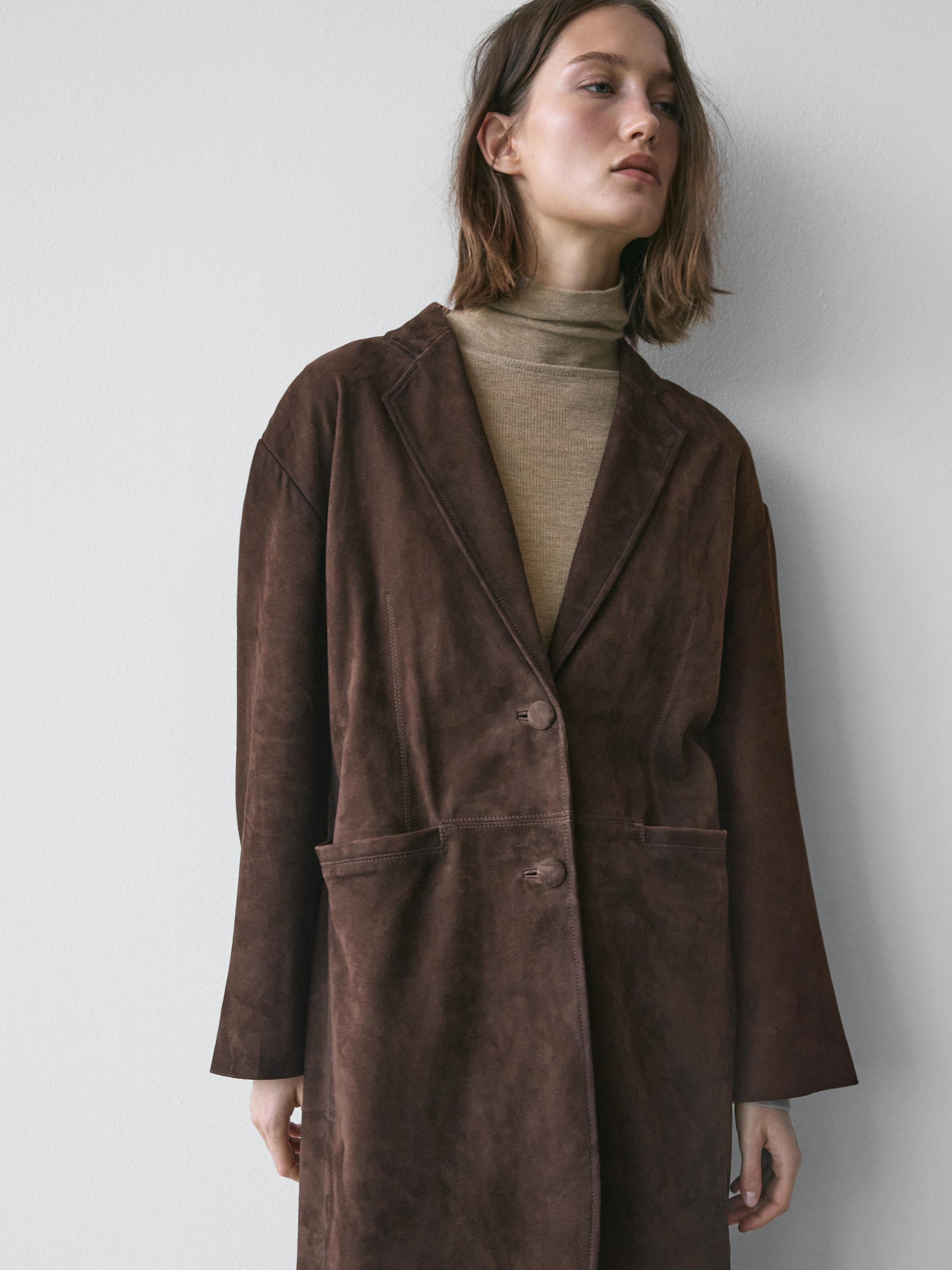 Manteau long en cuir finition daim